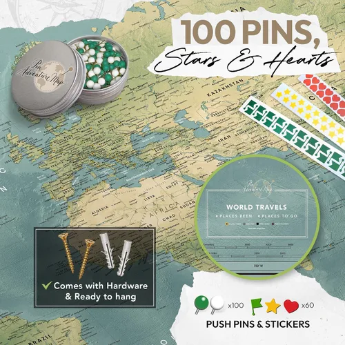 Vista 3 de Push Pin World Travel Map en lienzo: sigue tus aventuras y planifica viajes futuros, arte de pared grande para el hogar, la oficina y regalo