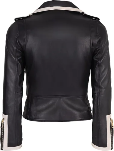 Vista 4 de Chaqueta clásica de piel de cordero negra para mujer con correas blancas - Cynthia