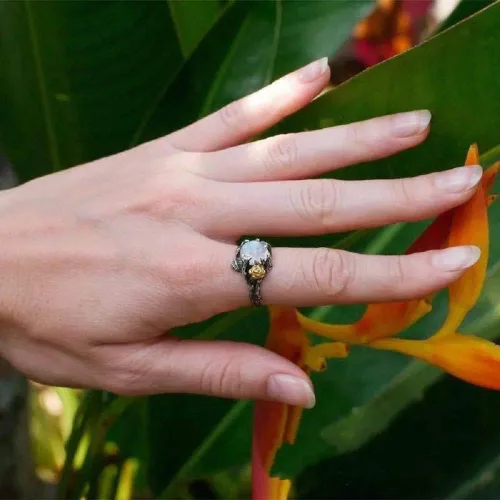 Vista 7 de Anillo de compromiso único con ramita floreciente, arco iris, piedra lunar, para mujer, estilo victoriano, joyería de plata tailandesa (talla 8)