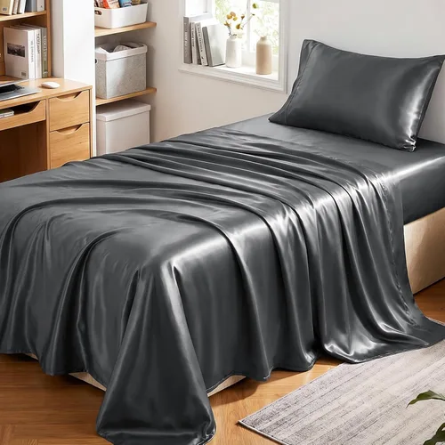 Vista 45 de Juego de sábanas de satén CozyLux de microfibra sedosa con bolsillo profundo, sábana bajera plana y fundas de almohada, suave y suave