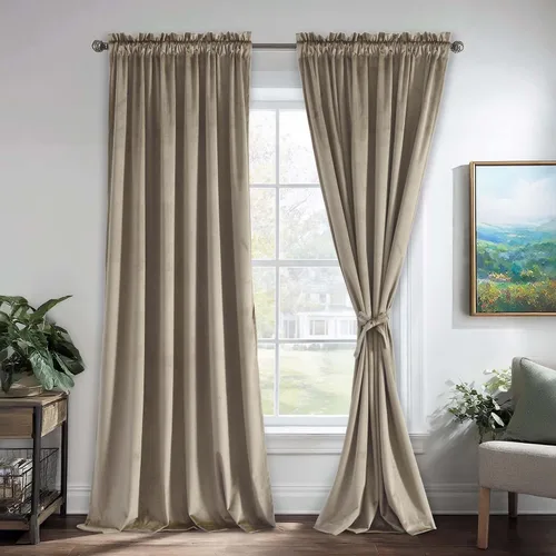 Vista 70 de JIUZHEN Cortinas de terciopelo beige de 63 pulgadas de ancho x 63 pulgadas de largo, cortinas de terciopelo retro suaves con bolsillo para barra