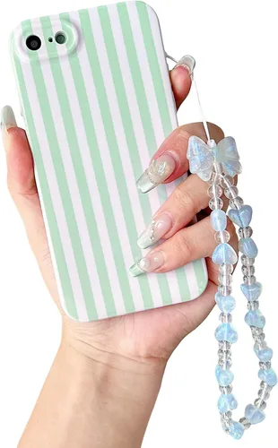 Vista 10 de Bonita funda a rayas para iPhone 6 Plus iPhone 6s Plus con cadena de cuentas, estética suave y delgada, funda protectora de poliuretano