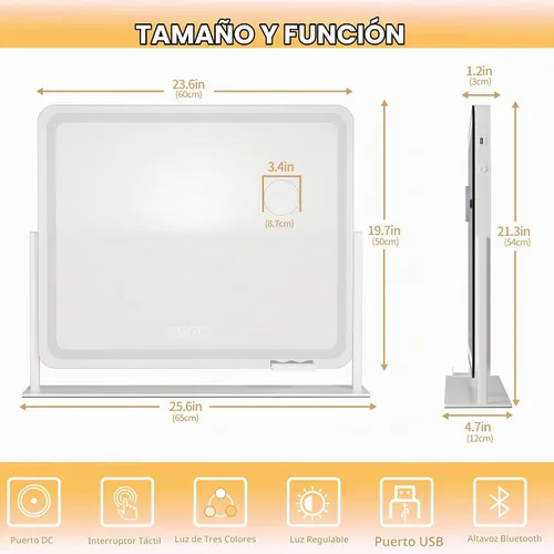 Vista 8 de Hasipu Espejo de tocador con luces y altavoz Bluetooth, espejo LED de maquillaje de 23.6 x 19.7 pulgadas, espejo iluminado con aumento de 10X