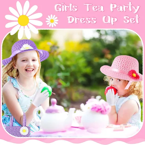 Vista 4 de Juego de 48 piezas de disfraces para fiesta de té para niñas, incluye guantes de fiesta de té y sombrero, boa de plumas para niños, bolsos, abanicos