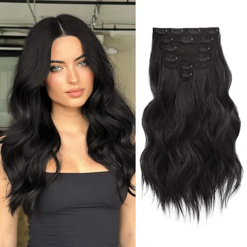 Vista 12 de NAYOO - Extensiones de cabello con clip, extensiones sintéticas onduladas de 20 pulgadas, 6 unidades Wavy Curly Hair, Full Head Coverage, Heat