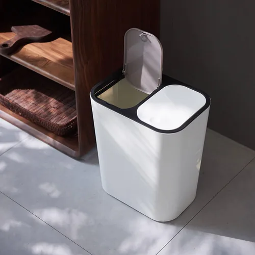 Vista 6 de Bote de basura de doble compartimento para residuos de cocina, contenedor de basura blanco con tapa para separación seca y húmeda, elegante cubo