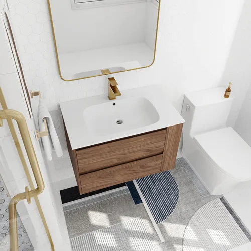 Vista 2 de Juego de tocador de baño de 30 pulgadas con lavabo de gel montado en la pared, moderno juego de tocador de baño con 2 cajones y estante abierto