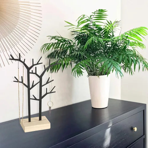 Vista 2 de WHW Whole House Worlds Organizador de joyas del árbol de la vida, ramas de metal negro, base de galería de madera, parte superior del aparador