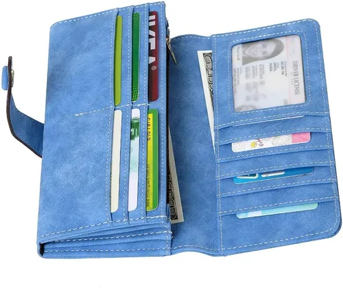 Vista 3 de Cartera organizadora larga plegable de cuero vegano con 17 ranuras para tarjetas para mujer