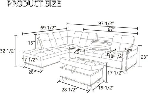 Vista 2 de Sofá seccional en forma de L con chaise móvil y otomana de almacenamiento, cómodo sofá modular convertible de 3 piezas para sala de estar