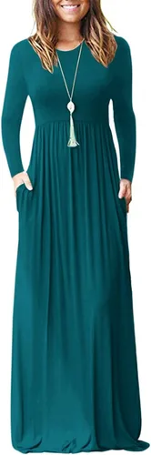 Vista 34 de Vestido de manga larga para mujer, holgado, liso, largo, estilo informal, con bolsillos. 01-verde militar