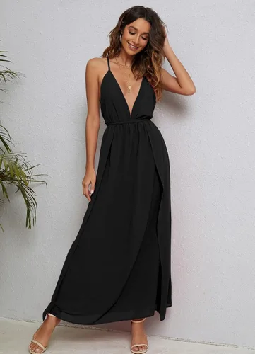 Vista 3 de CMZ2005 Vestido largo sin mangas para mujer sin espalda con tirantes cruzados cuello en V profundo sexy doble abertura alta vestido de fiesta