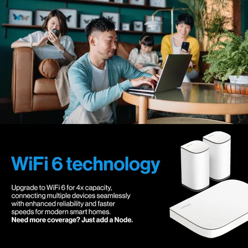 Vista 4 de Linksys Router WiFi 6 Micro Mesh Multi-gig Conecta más de 100 dispositivos Cobertura de 2,000 pies cuadrados Velocidades de 3.0 Gbps No