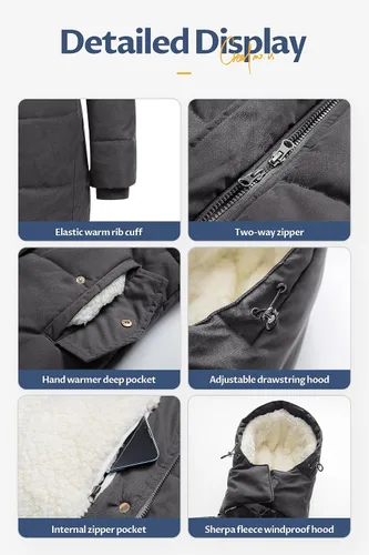 Vista 6 de CREATMO US Abrigo de invierno de sherpa grueso para mujer, chaqueta de nieve cálida con capucha extraíble