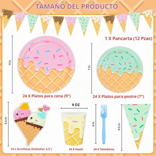 Vista 2 de DYLIVeS 132 piezas de suministros para fiesta de cumpleaños de helado, juego de vajilla desechable para decoración de mesa de fiesta para niña