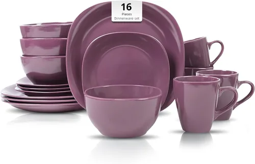 Vista 13 de juego de vajilla de cerámica de 16 piezas en forma cuadrada, interior rosa brillante + exterior negro mate