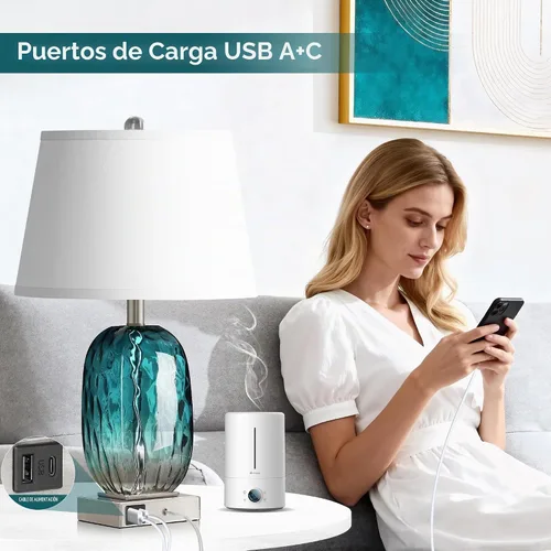 Vista 3 de Juego de 2 lámparas de mesa de cristal verde azulado con control táctil, 2 puertos USB, regulables Azul verdoso