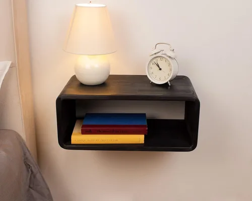 Vista 8 de Mesita de Noche Flotante de Madera, Mesa de Noche, Estantería de Noche, Hecho a Mano, Estante de Noche Montado en la Pared, Estilo Minimalista