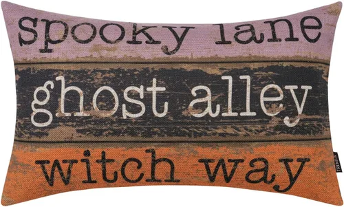 Vista 11 de TRENDIN Funda de almohada de Halloween de 12 x 20 pulgadas para sofá, decoración de Halloween, funda de cojín lumbar de lino Hocus Pocus, funda