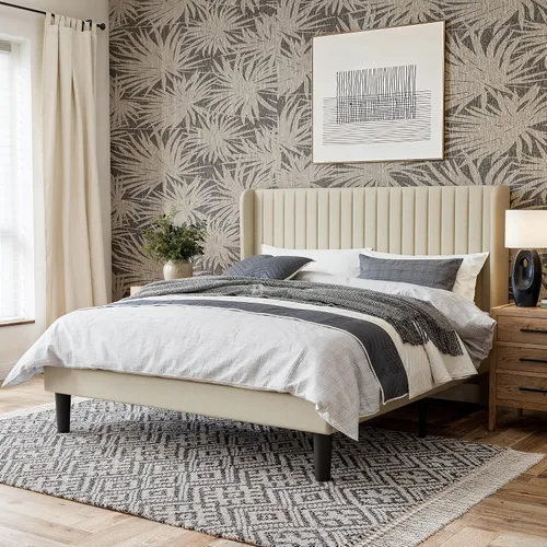 Vista 13 de GOLDORO Marco de cama King Size con base elevada, cabecera tapizada con botones verticales y alas, soporte de listones de madera, no necesita