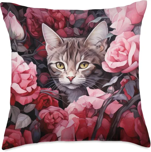 Vista 4 de Havanna Brown Cat Hiding Between Roses and Flowers Almohada de tiro 16x16, multicolor