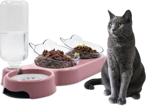 Vista 10 de Cuencos triples para gatos, alimentador de agua 3 en 1 y cuencos de comida con botella de agua automática, aptos para bigotes, platos de Plomo blanco