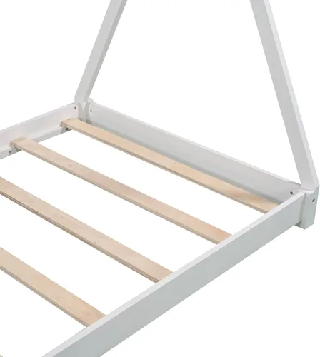 Vista 4 de Cama de plataforma de madera maciza tamaño individual con estructura triangular, marco de cama de suelo individual para niños, niñas, adolescentes