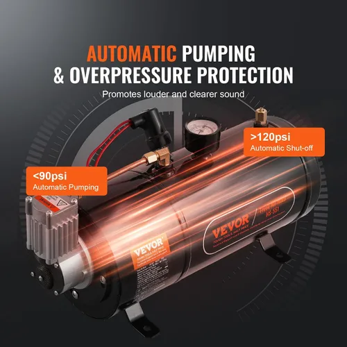 Vista 3 de VEVOR Compresor de aire de 12 V con tanque de 0.8 galones/3 L, compresor de aire de bocinas de tren, sistema de compresor de aire a bordo de 120 psi