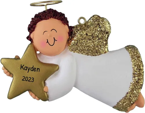 Vista 10 de Adorno de ángel personalizado 2025 – Reloj de adorno de ángel bebé de oso marrón, adornos de bebé de Navidad al aire libre para alas de árbol