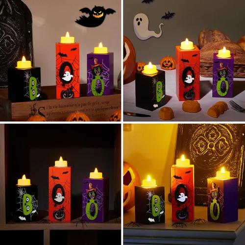 Vista 7 de BlcTec Decoraciones de Halloween, 3 PIEZAS Portavelas de Madera de Halloween con Luces de Té LED y Tallado 3D, Centros de Mesa de Velas de Madera