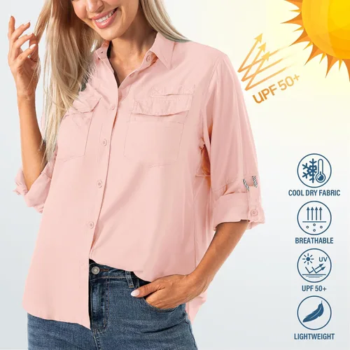 Vista 5 de Camisas de safari para mujer, manga larga, protección solar al aire libre, secado rápido, pesca, senderismo