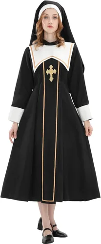 Vista 8 de CR ROLECOS - Disfraz de monja de terror de talla grande, disfraz de sacerdote para Halloween, color negro