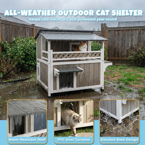 Vista 5 de Casa de madera para gatos para exteriores e interiores, resistente a la intemperie, refugio para gatos de dos pisos, hogar cerrado para gatos