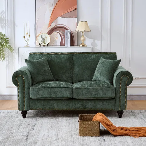 Vista 6 de Juego de sofá moderno y sofá biplaza Chesterfield de chenilla de lujo, cómodo juego de sofá tapizado con asiento profundo con reposabrazos Verde