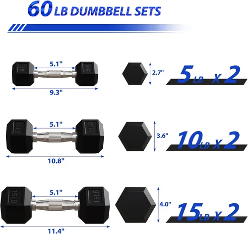 Vista 2 de Signature Fitness Rubber Encased Hex Dumbbells with Optional Rack, 10 15 20LB Pairs and 5, 10 and 15 Pairs Weight Sets for Home Gym