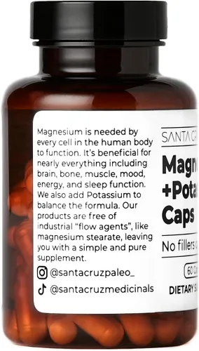 Vista 5 de Santa Cruz Paleo Cápsulas de Magnesio + Potasio, Suplemento para Hombres y Mujeres, Paleo, Keto, Sin Azúcar y Gluten, 166mg de Glicinato de Magnesio