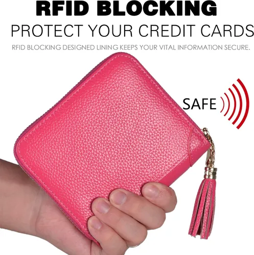 Vista 4 de Easyoulife Billetera Tarjetero de Tarjetas de Crédito para Mujer con Cremallera de Cuero y Bloqueo RFID, Rosa, medio