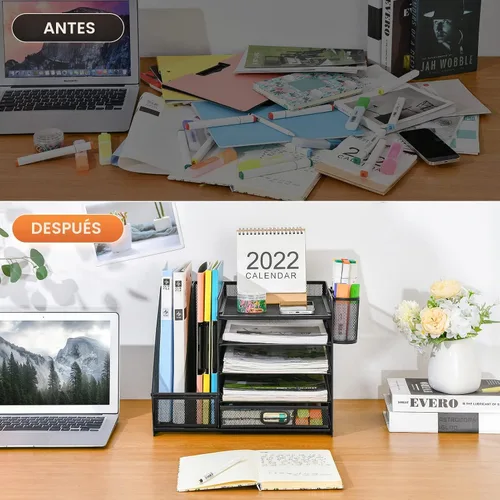 Vista 7 de Marbrasse - Organizador de escritorio con soporte para archivos, organizador de bandejas para papel tamaño carta de 5 niveles con cajón y 2 soportes