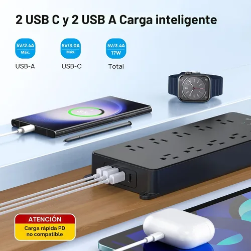 Vista 3 de TROND - Alargador de corriente con protector contra sobretensiones, 4000 J, certificado ETL, 10 salidas ampliamente espaciadas con 2 USB A y 2 USB