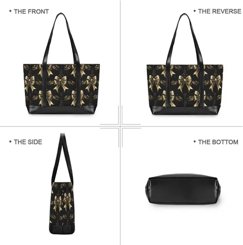 Vista 3 de Bolso de mano moderno con lazo vintage en negro y dorado para mujer con cremallera, bolsa grande para gimnasio con artículos esenciales de viaje