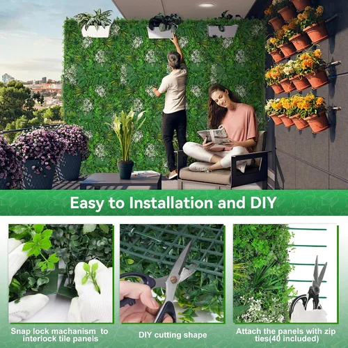 Vista 5 de Paneles de pared de césped de 20 x 20 pulgadas, 16 piezas de fondo de vegetación artificial con hojas resistentes a los rayos UV, decoración
