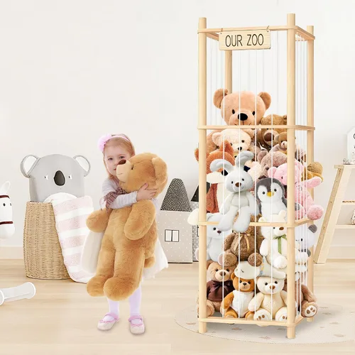 Vista 2 de Organizador de exhibición de animales de peluche con estante, diseño de jaula de zoológico de madera para almacenamiento grande de juguetes