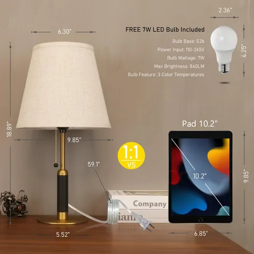 Vista 2 de 18.9" Modern Mid Century Table Lamp Pull Chain Bedside Lamps for Nightstand Lamp for Bedroom Living Room 3-Color Light Solid Wood/Metal/Fabric for