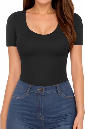 Vista 2 de MANGOPOP Long Short Sleeve Bodysuits for Women Scoop Neck Ribbed Body Suit Stretchy Basic T Shirt Tops