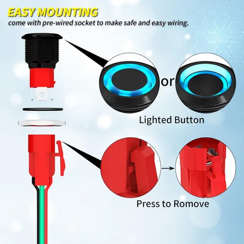 Vista 4 de Joinfworld Interruptor de botón pulsador de 20 A de 12 V con pestillo de 0.748 in con interruptor de encendido y apagado impermeable LED azul de 12