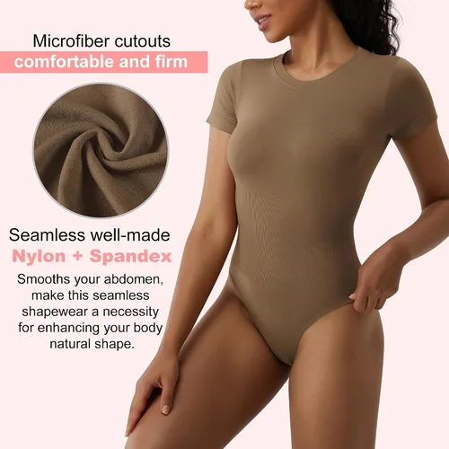 Vista 3 de Body de manga corta con cuello redondo para mujer, sin costuras, camiseta triangular acanalada, camiseta básica, leotardo