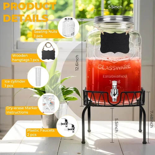 Vista 2 de Dispensador de bebidas de vidrio con soporte y tapa, un paquete de 2 galones con espita - Dispensadores de bebidas de vidrio para fiestas, bodas