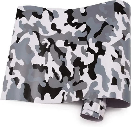 Vista 5 de Queenbox Rollo de vinilo autoadhesivo con estampado de camuflaje de PVC, 19.7 x 39.4 in, color blanco y negro