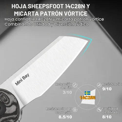 Vista 5 de Kizer Mini cuchillo de bolsillo de bahía con mango micarta de patrón de vórtice, V2583A6 Negro- gris