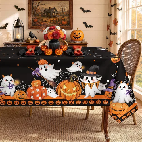Vista 11 de Mantel rectangular de Halloween, color negro, 60 x 84 pulgadas Halloween 01